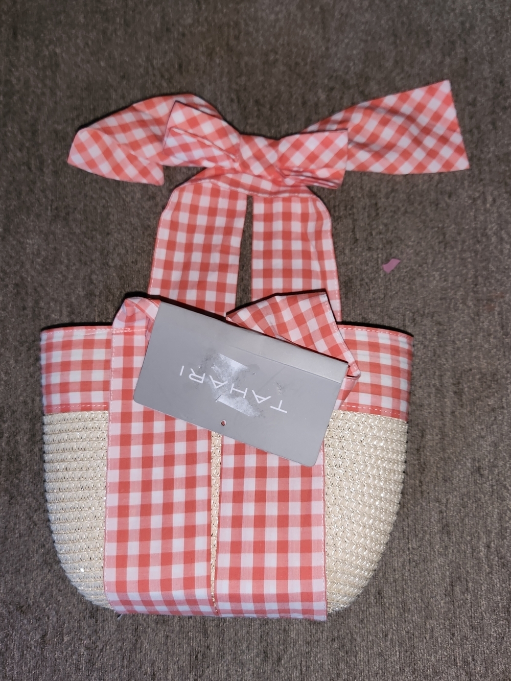 Tahari Coral Gingham Straw Tote